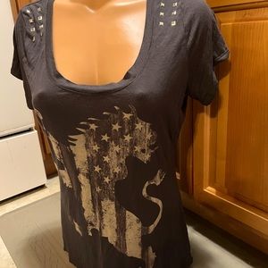 EXPRESS Womens Tee Shirt Lion Stars Stripes Studs Medium High Low Hem Cut Flag